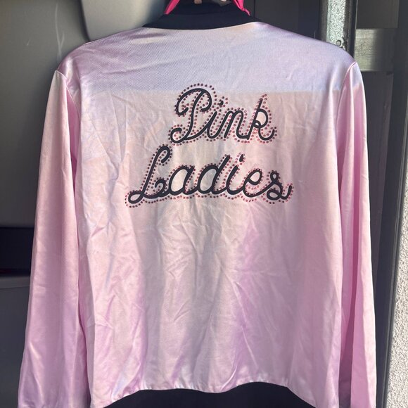 Womens Grease Bomber Jacket Pink Ladies Spell Full Zip w/ Scarf & Glasses & Bow - Picture 4 of 5